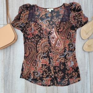 Nordstrom BP love, fire paisley blouse lace button down black nude small v neck
